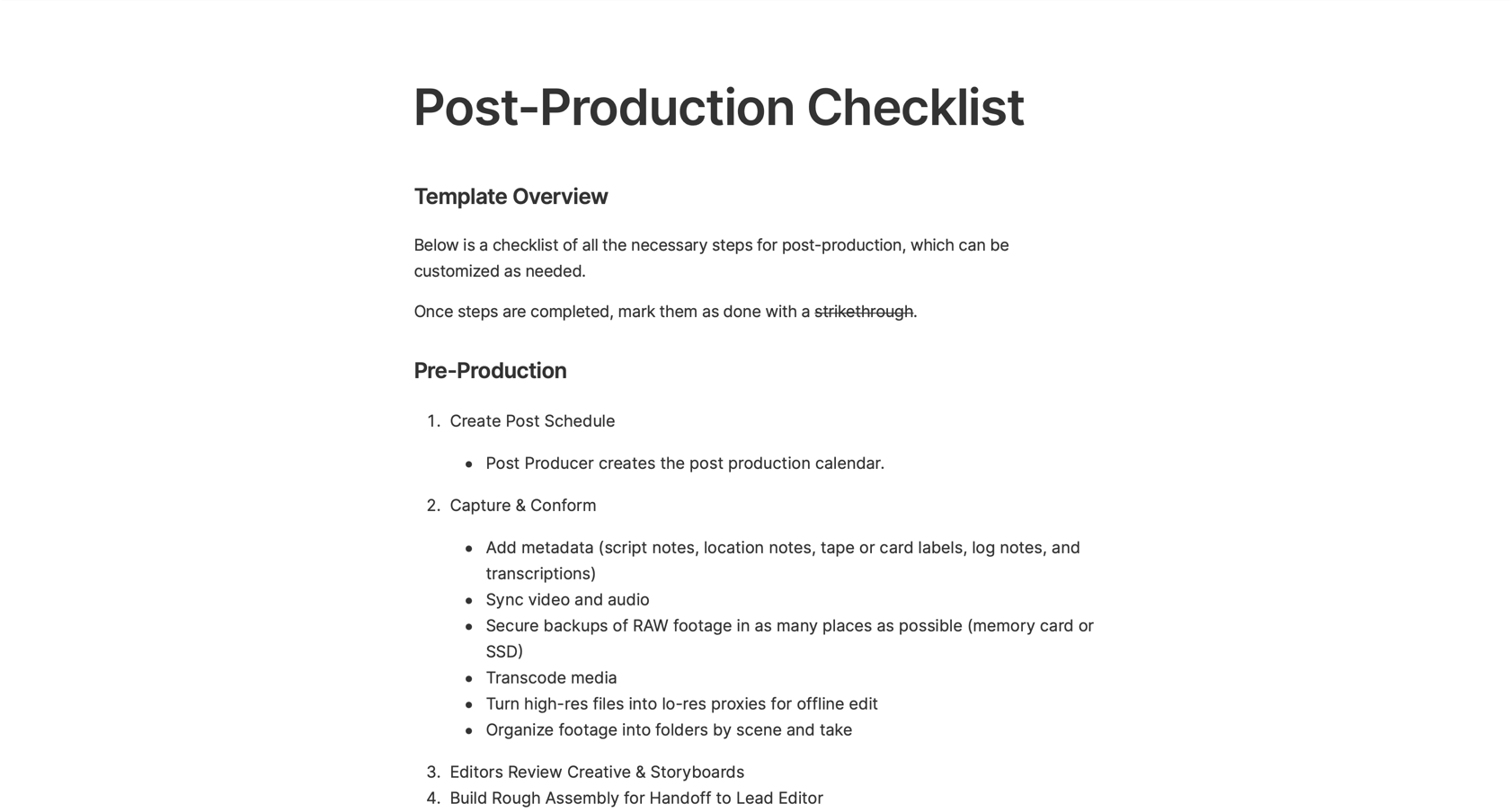 Post Production Checklist Template For Film Marketing Videos Assemble